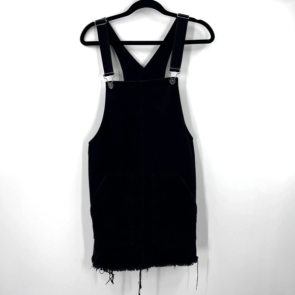 Pull & Bear Black Overall Skirt Dress Pockets Fringe Large Cottage Core Boho - Picture 1 of 10